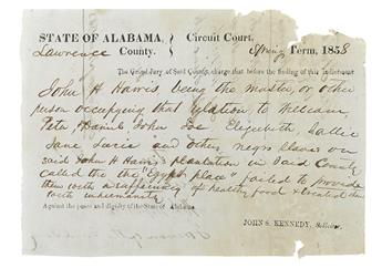 SLAVERY IN COURT. LAW SUIT. Lawsuit brought against an Alabama plantation owner for cruelty.